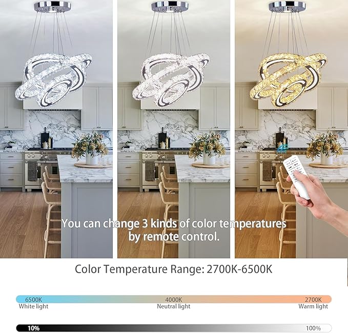 Modern Crystal Chandeliers DIY 3 Rings Dimmable Ceiling Light Fixture LED Pendant Lamp for Kitchen Dining Room Living Room Bedroom 180mm Base 153 Crystals (Dimmable)