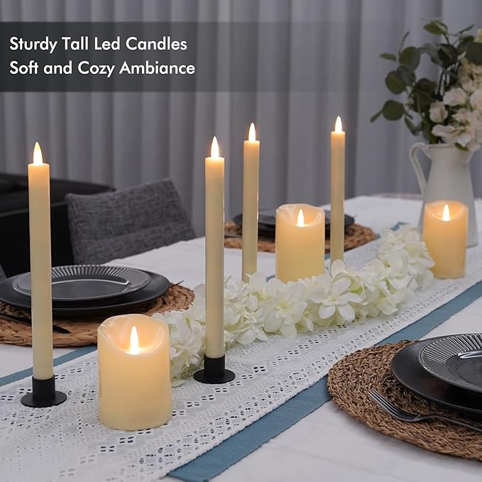 Fanna 4 Ivory Flameless Taper Candles with Dynamic Flickering Flames for Christmas and Weddings, Battery Operated Plastic LED Candlesticks with Timer and Remote, 12 Batteries Included - H 11"