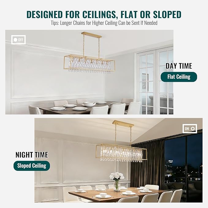 Siljoy Modern Crystal Chandelier, 7 Lights Rectangular Gold K9 Crystal Raindrop Chandelier, Luxury Rectangle Chandelier Light Fixture for Dining Room Living Room Kitchen Island L47'' x W11'' x H12''