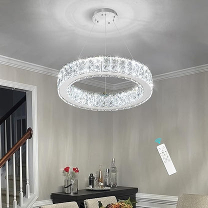 Modern Crystal Chandelier 15W LED Dimmable Lighting Fixture Adjustable Round Pendant Light for Dining Room Living Room Kitchen Bedroom Silver