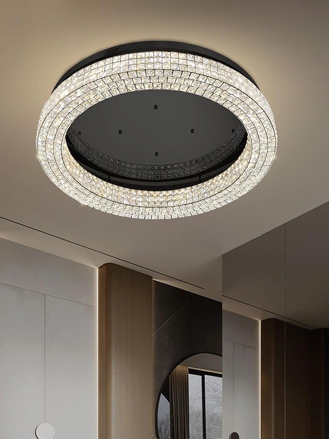 ykolupty 40'' Crystal Chandelier Light Fixture Large Chandelier for Living Room Crystal Flat Mounted Ceiling Lights Dining Room Bedroom Dimmable 2700-6000K (Black Chandeliers)