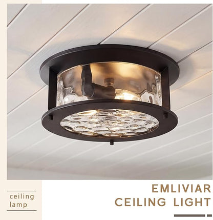 Emliviar Vintage Flush Mount Ceiling Light Fixture, 2-Light Farmhouse Close to Ceiling Mounted Lamp with Water Grain Glass for Kitchen, Oil Rubbed Bronze Finish, YE19108-F1 ORB-WG