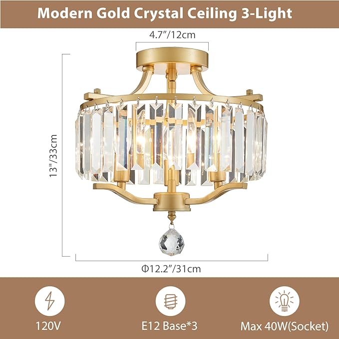 Crystal Gold Chandeliers Modern Farmhouse Small Chandelier 12.2 Inch 3-Light Round Crystal Mini Semi Flush Mount Ceiling Light Fixture for Dining Room Entryway Hallway Kitchen Bedroom Foyer