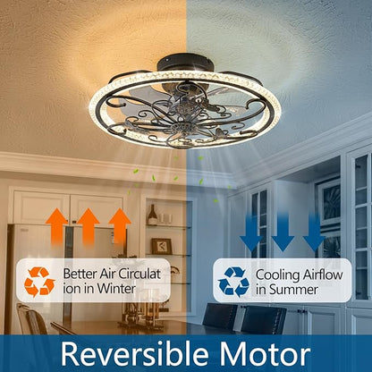 Retro Black Ceiling Fan with Lights Remote Control, 6 Speeds 3 Color Industrial Caged Ceiling Fan with Light for Kitchen Bedroom Living Room