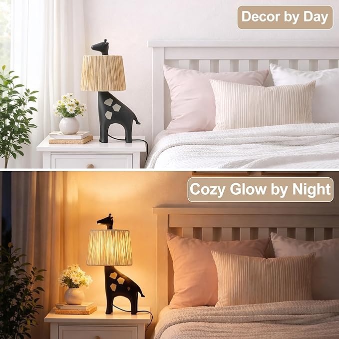 13.7 Inch LED Giraffe Table Lamp, Resin Animal Desk Lamp with Handcrafted Raffia Shade, Unique Decorative Light, Cute Desk Lamps for Nightstand, Bedroom, Playroom, Nursery, Black