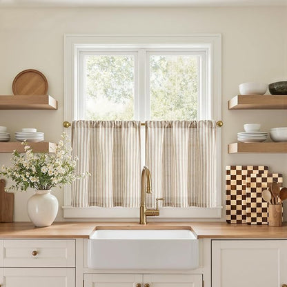 jinchan Striped Linen Kitchen Curtains 20 Inches Length Tier Curtains Farmhouse Modern Cafe Style Small Window Treatments Airy Light Filtering Rod Pocket for Living Room Bathroom 2 Panels Tan