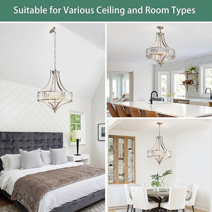 Modern Crystal Chandelier Brushed Nickel, 6-Light Round Pendant Lighting Fixtures, 21.6" Height Adjustable Ceiling Light for Living Room, Kitchen, Dining Room