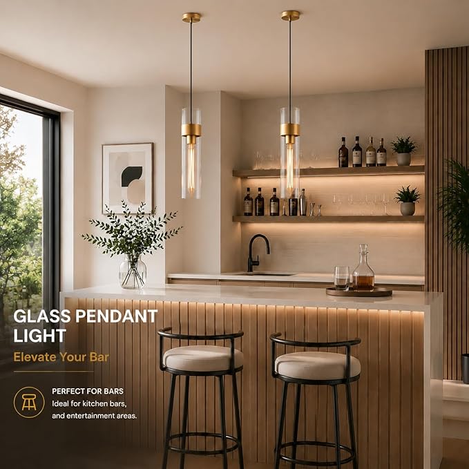 Modern Glass Brass Pendant Lights Kitchen Island, Adjustable Cord Pendant Light Fixtures, Kitchen Pendant Lighting Over Island, Indoor Chandelier for Bedroom Bathroom, Included Bulb