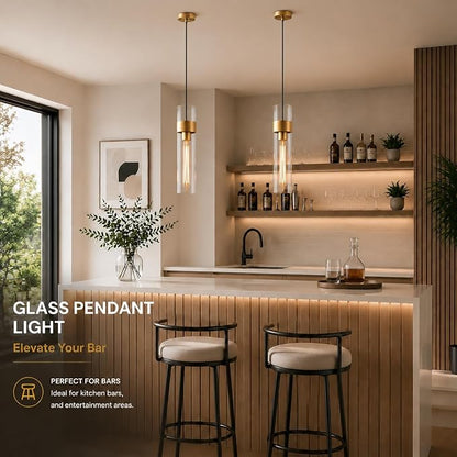 Modern Glass Brass Pendant Lights Kitchen Island, Adjustable Cord Pendant Light Fixtures, Kitchen Pendant Lighting Over Island, Indoor Chandelier for Bedroom Bathroom, Included Bulb