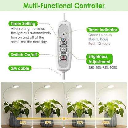 LORDEM Small Pot Clip Grow Light, Full Spectrum LED Plant Grow Lamp for Indoor Growing, Auto On/Off Timer 4/8/12H, Plant Light with 4 Dimmable Brightness Levels, Ideal for Small Indoor Plants, 1 Pack