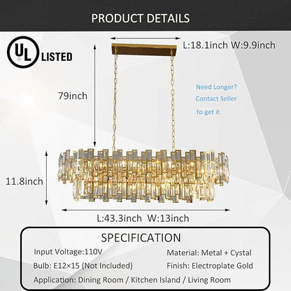 Rectangle Gold Crystal Chandeliers for Dining Room 2-Tier 15 Lights Modern Chandelier Luxury Rectangular Oval Preinstalled Top K9 Crystal Contemporary Pendant Lighting Fixture 43.3"