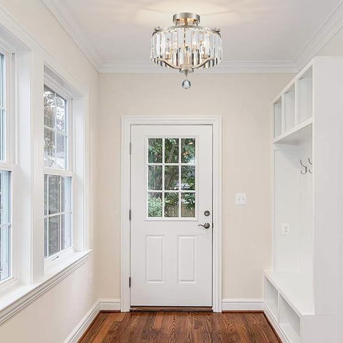 Brushed Nickel Crystal Semi Flush Mount Ceiling Light Fixture Modern Farmhouse Small Chandelier 3-Light Round Crystal Mini Chandelier for Dining Room Entryway Hallway Kitchen Bedroom Foyer