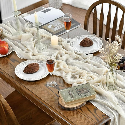 Artoid Mode Boho Cheesecloth Gauze Beige Wedding Table Runner, 120 Inch Seasonal Fabric Kitchen Dining Holiday Table Decor for Home Party Indoor