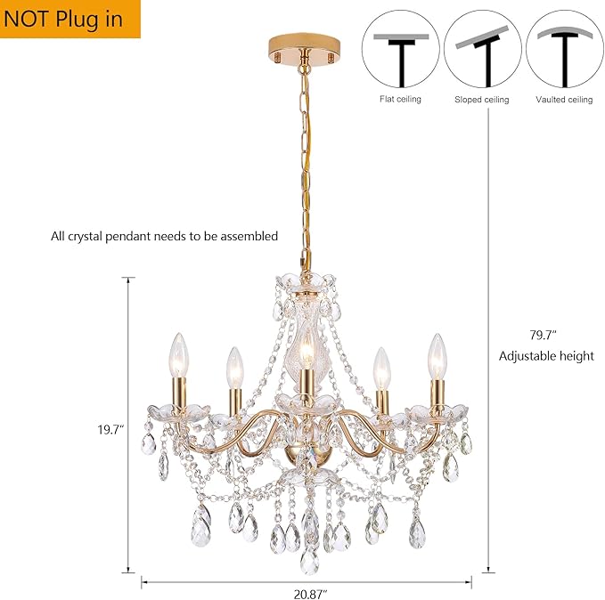 AMZASA Crystal Gold Chandelier, Glass Crystal Hanging Pendant Lighting, 5 Light French Country Gold Crystals Chandelier for Ceiling Medallions,Wedding,Dining,Kitchen, Foyer,Dia 20'' Golden