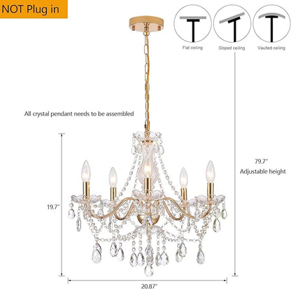 AMZASA Crystal Gold Chandelier, Glass Crystal Hanging Pendant Lighting, 5 Light French Country Gold Crystals Chandelier for Ceiling Medallions,Wedding,Dining,Kitchen, Foyer,Dia 20'' Golden