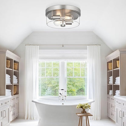 szzgco Flush Mount Ceiling Light Fixtures, 2-Light 12 Inch Brushed Nickel Close to Ceiling Light Fixtures with Clear Glass Shade Ceiling Light Fixture for Porch, Hallway, Bathroom, Dining Room and