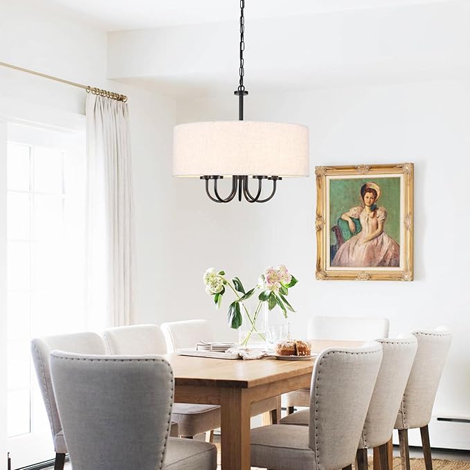5 Lights Drum Chandelier for Dining Room 19" Modern Farmhouse Black Chandeliers with Shades Round Pendant Light Fixtures Linen Hanging Chandeliers for Bedroom Living Room Kitchen Over Table Foyer