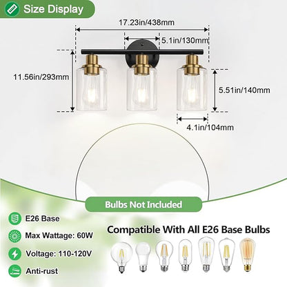 Zarbitta 3-Light Bathroom Light Fixtures, Black and Gold Bathroom Wall Lights, Modern Vanity Light with Clear Glass Shade, Bathroom Wall Lamp for Mirror Kitchen Bedroom Hallway Cabinet