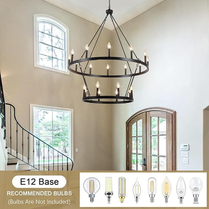 Black Wagon Wheel Chandelier 2 Tier 20-Lights 40 Inch Extra Large Farmhouse Light Fixture Rustic Lighting Round Chandeliers for Dining Room Kitchen Island Foyer Entryway