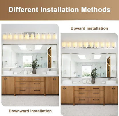 10-Light Bathroom Light Fixtures, Modern Vanity Lights, Brushed Nickel Metal Wall Lamp with White Marble Glass for Bathroom, Mirror, Living Room, Bedroom, Cabinet, Porch, Hallway, E26 Base
