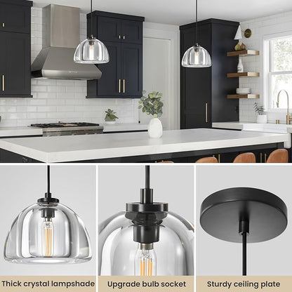 Crystal Pendant Light Kitchen Island: 7" Vintage Brass Hanging Lights above Dining Table - Modern K9 Crystals Lighting over Kitchen Sink - Luxury Black Hemispher Pendants Light Fixtures Bulbs Included