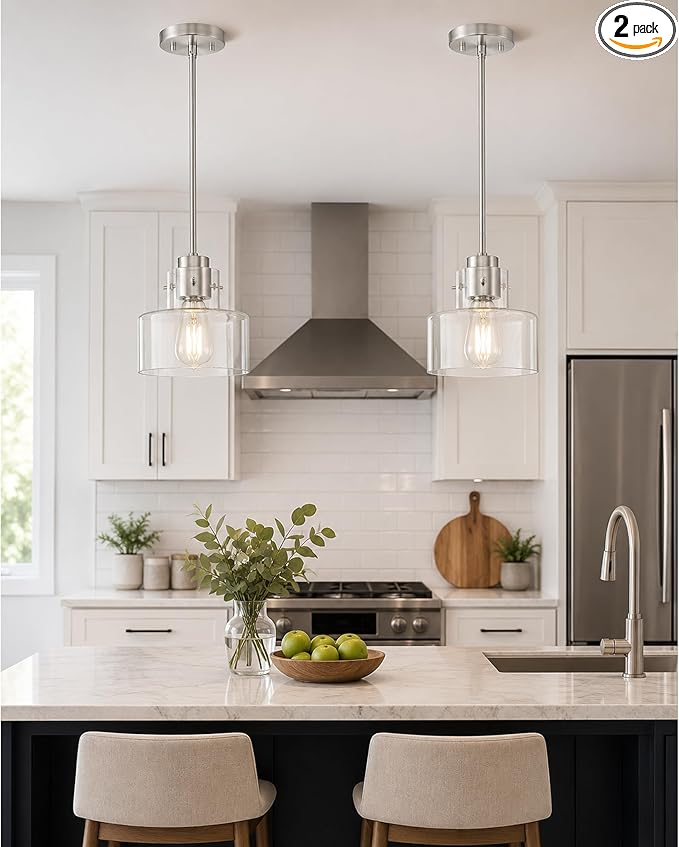2 Pack Pendant Lights Kitchen Island, 6" Brushed Nickel Pendant Light Fixtures Over Island with Clear Glass Shade, Modern Kitchen Island Lighting for Dining Room Entryway, PL124-BN-G-2PK
