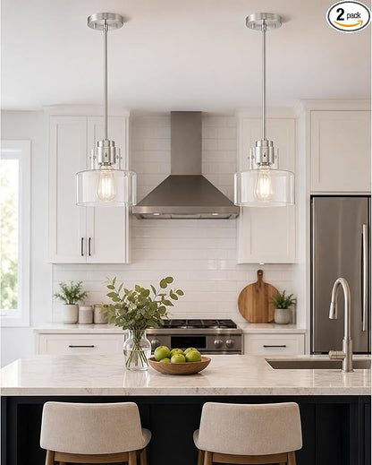 2 Pack Pendant Lights Kitchen Island, 6" Brushed Nickel Pendant Light Fixtures Over Island with Clear Glass Shade, Modern Kitchen Island Lighting for Dining Room Entryway, PL124-BN-G-2PK