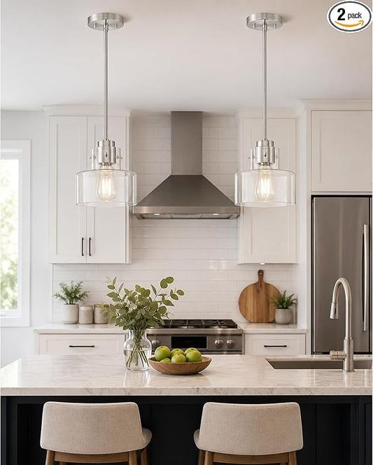 2 Pack Pendant Lights Kitchen Island, 6" Brushed Nickel Pendant Light Fixtures Over Island with Clear Glass Shade, Modern Kitchen Island Lighting for Dining Room Entryway, PL124-BN-G-2PK