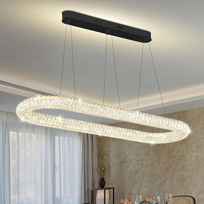 LED Crystal Ring Chandelier, 47.2'' Black Crystal Ring Pendant Light for Kitchen Island Modern Linear Oval Chandeliers for Dining Room Dimmable 3000K-6000K