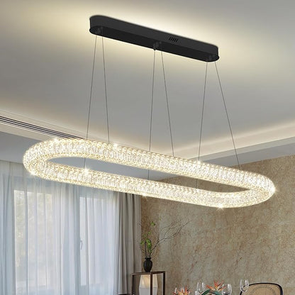 LED Crystal Ring Chandelier, 47.2'' Black Crystal Ring Pendant Light for Kitchen Island Modern Linear Oval Chandeliers for Dining Room Dimmable 3000K-6000K