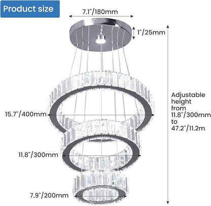 CLAIRDAI Crystal Chandeliers 3 Rings Ceiling Light Fixture LED Chandelier for High Ceiling Hanging Chandeliers for Bedroom Dining Room Living Room (6500K Cool White)