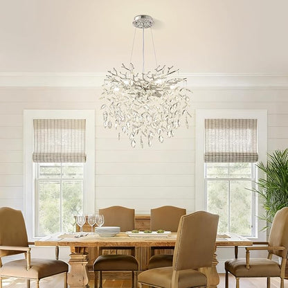 Modern Tree Branch Crystal Chandelier 18" Sliver Luxury Large Pendant Lighting 6-Light Contemporary K9 Crystal Chandeliers for Dining Room Kitchen Living Room Foyer Entryway (Sliver, D18"-Round)
