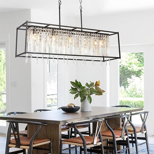 Modern Rectangle Black Crystal Chandeliers for Dining Room, 40" Rectangular Farmhouse Chandelier Top K9 Crystal Linear Light Fixture Lighting for Kitchen Island, Living Room L40xW12xH11