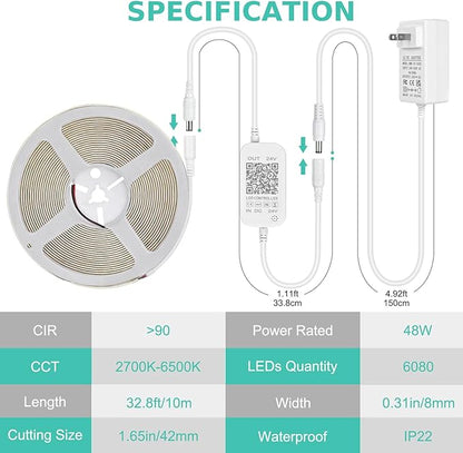 COB LED Strip 32.8ft, Dimmable 2700K-6500K High Bright Dotless LED Tape Light with Remote and APP Control, 6080LEDs, DC24V, CRI>90, 8mm Width, Warm White to Cool White LED Strip Lights for Bedroom