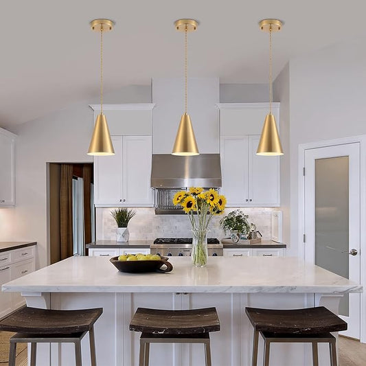 Gold Pendant Lights Kitchen Island,Dining Room Light Fixtures Over Table 3 Pack with Brushed Brass Cone Metal Shade, Modern Farmhouse Mini Chandeliers,Adjustable Cord Hanging Lighting for Bar,Sink