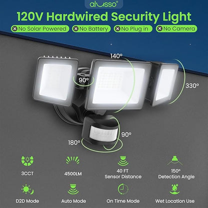 ALUSSO Motion Sensor Outdoor Lights Hardwired(Not Solar),Flood Lights Outdoor 120V, Dusk to Dawn/Auto/On Time, 3CCT 3000K/4000K/6500K Security Light,ETL,3 Modes Classic Black 40W 4500LM