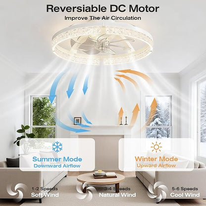 StarryEver 20" Modern Ceiling Fans with Lights, 3000-6500K Dimmable Flush Mount LED Fan Light with Remote and 6 Speeds Fan, Low Profile Ceiling Fans for Bedroom, Living Room, Kids, Kitchen, White