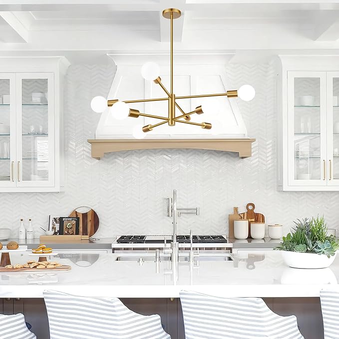 30" Modern Chandelier Ceiling Light Fixture, 8-Light Sputnik Chandeliers Brushed Gold Mid Century Chandelier Over Table, Height Adjustable Chandeliers for Dining Room Kitchen (Bulbs Not Included)