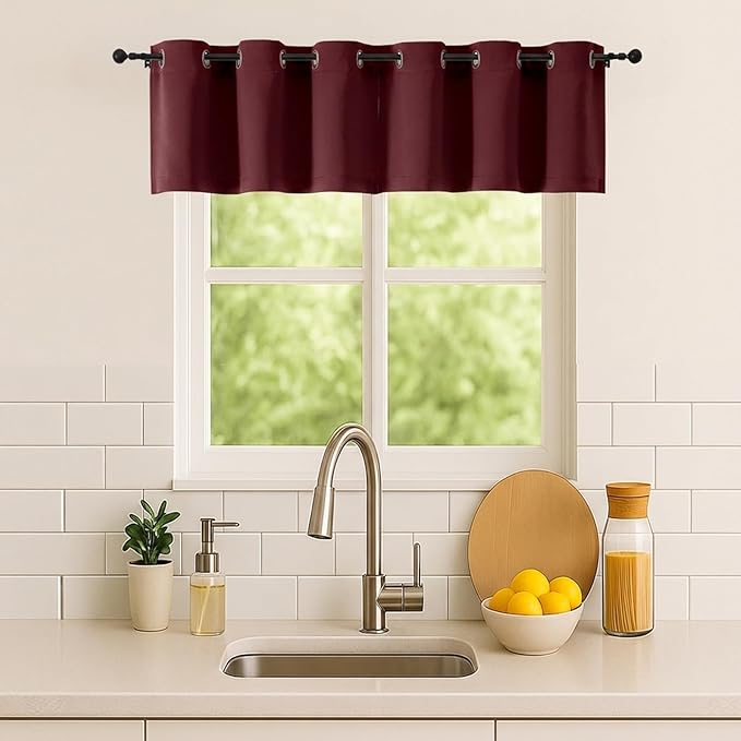 Simplebrand Burgundy Window Valance for Kitchen 14 Inches Long 2 Panels Set, Room Darkening Valance Curtains for Living Room, Grommet Short Privacy Kitchen Curtains for Bedroom Kids Room, 40Wx14L