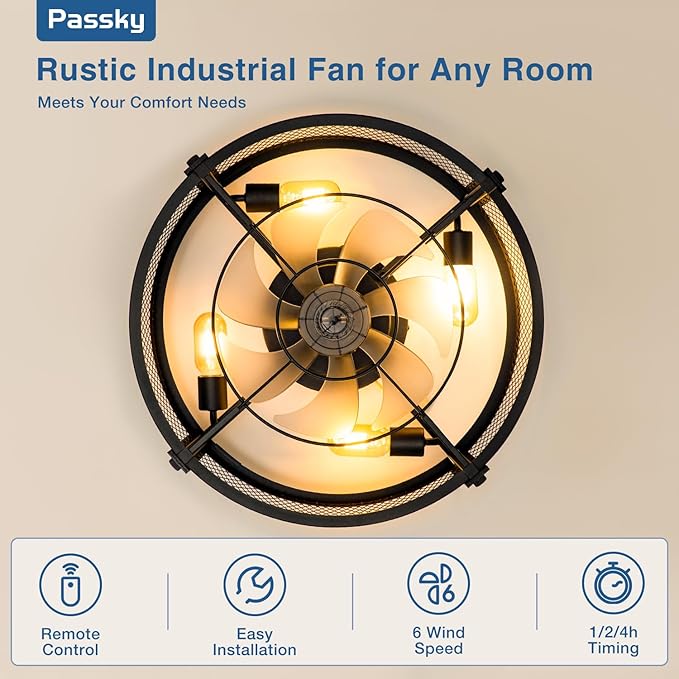 Passky 20" Farmhouse Flush Mount Ceiling Fans with Lights and Remote, Industrial Black Caged Low Profile Fandelier, 6 Speeds Bladeless Ceiling Fan for Bedroom, Kitchen, Living Room