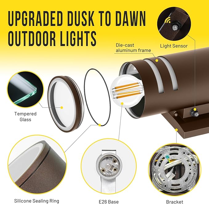 Outdoor Wall Sconce, Dusk to Dawn Up and Down Outdoor Wall Light, IP65 Waterproof LED Exterior Lighting Fixtures, Bronze Modern Wall Sconces 2 Pack for Hallway, House, Porch, Backyard, Garage