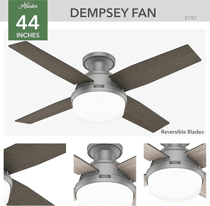 Hunter 44 inch Indoor Ceiling Fan with LED Light and Remote Control - Modern Ceiling Fan, Low Profile Mount, 4 Blades, For Bedroom, Living Room, or Kitchen, Quiet - Dempsey 51757, Matte Silver