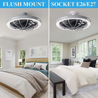 Socket Fan Light with Remote, 13 inch Socket Ceiling Fan with Dimmable Led Light, 3 Colors 3000K-6500K, 3 Speeds, Flush Mount Ceiling Fans with Lights for Bedroom, Kitchen, Living Room-Gery