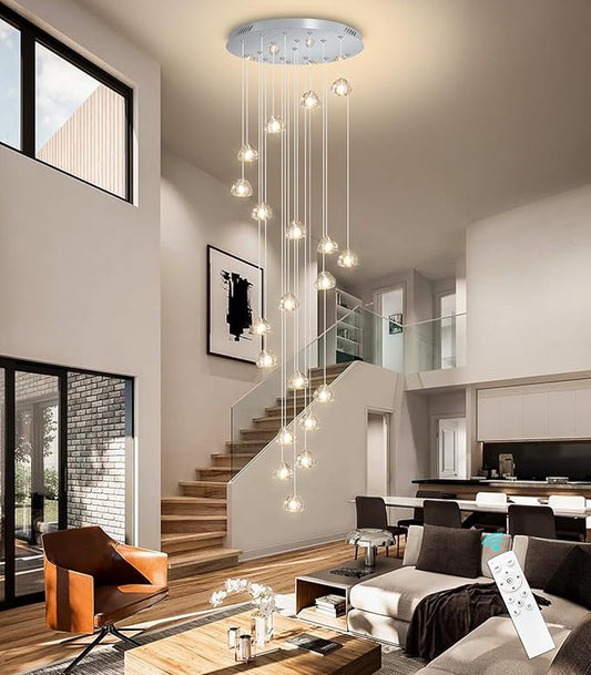 HAIXIANG 20-Lights Modern Chandeliers for Living Room Long Light High Ceiling Pendant Lights LED Dimmable Lighting Fixtures Chandelier for Foyer Entryway Polished Chrome Sloped Ceiling Install