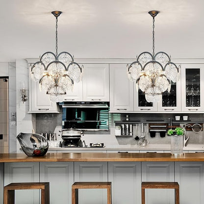 WUZUPS 6-Light Round Crystal Chandelier Pendant Ceiling Light Modern Lighting Fixture for Bedroom Hallway Bar Kitchen Bathroom, H 17.3" W 22.8", E12 Base, Black