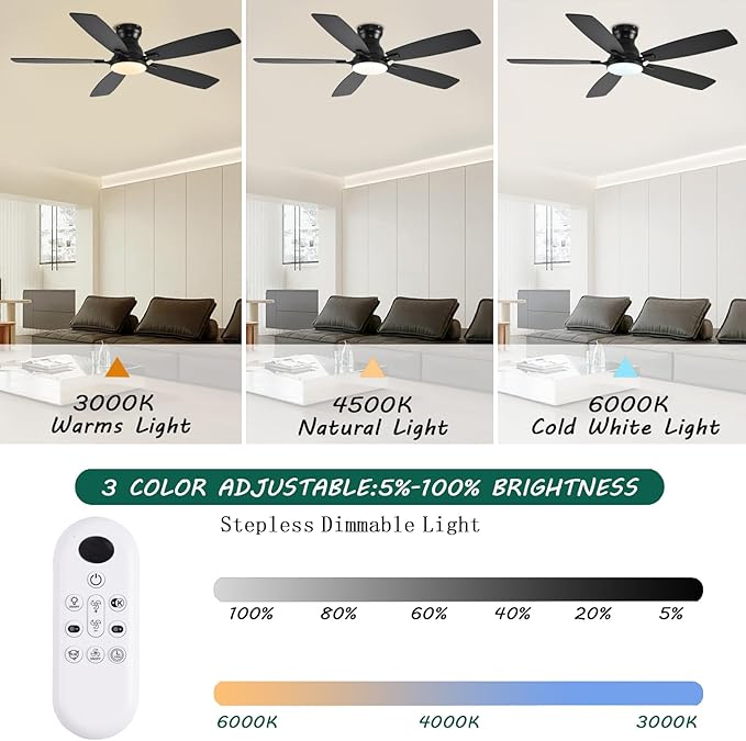 NKPU Ceiling Fans with Lights, Low Profile Ceiling Fan with Light and Remote/APP Control, DC Motor, Noiseless, Flush Mount, 52inch Black Ceiling Fan for Bedroom Indoor/Outdoor Use
