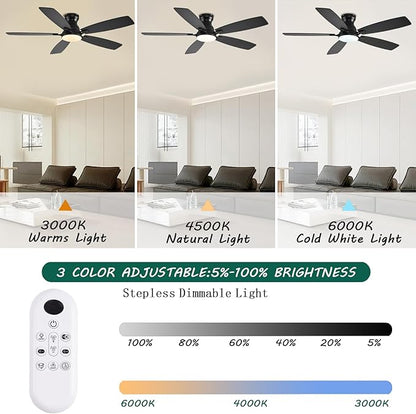 NKPU Ceiling Fans with Lights, Low Profile Ceiling Fan with Light and Remote/APP Control, DC Motor, Noiseless, Flush Mount, 52inch Black Ceiling Fan for Bedroom Indoor/Outdoor Use
