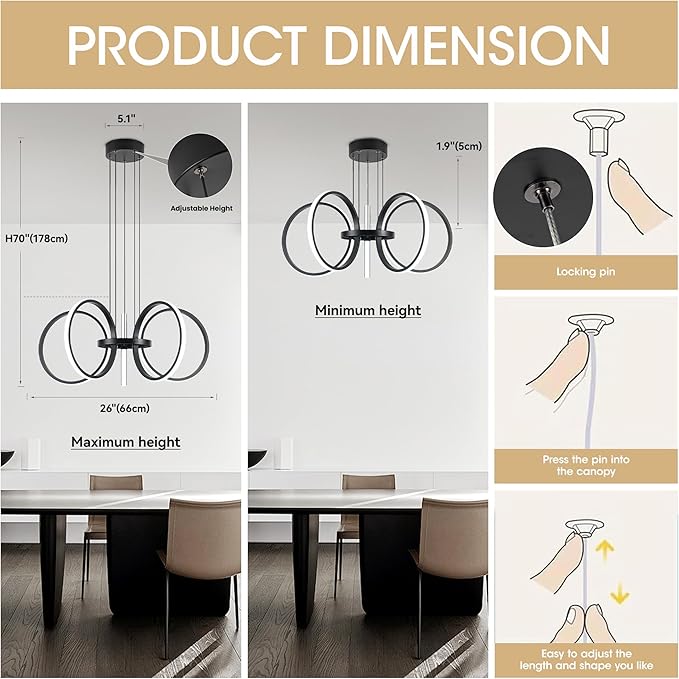 MAYNA Modern LED Chandelier, Black Pendant Light with 5 Rings, Adjustable Height Modern Chandeliers for Dining Room Living Room Kitchen Bedroom Entryway,6000k Daylight