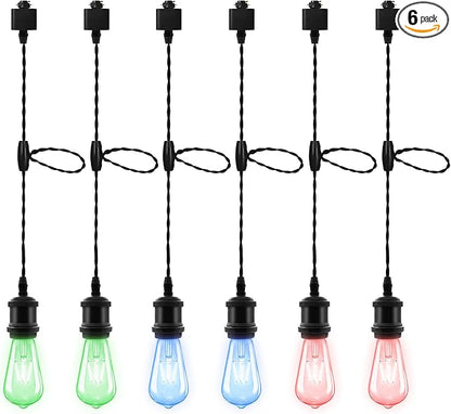 6 Pack RGB Pendant Light for Holiday Decor - H Type Track Compatible White Fixture, E26 Base with RGB Filament Bulbs, Ambient Lighting for Fun Creative Spaces