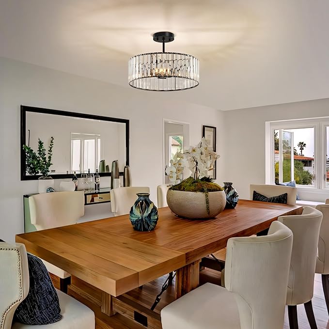 YURNYQ Black Crystal Ceiling Light Fixture, Modern Semi Flush Chandelier, Round Hanging Lighting Chandeliers for Dining Room, Kitchen, Bedroom, 3-Light, 15.74 Inch